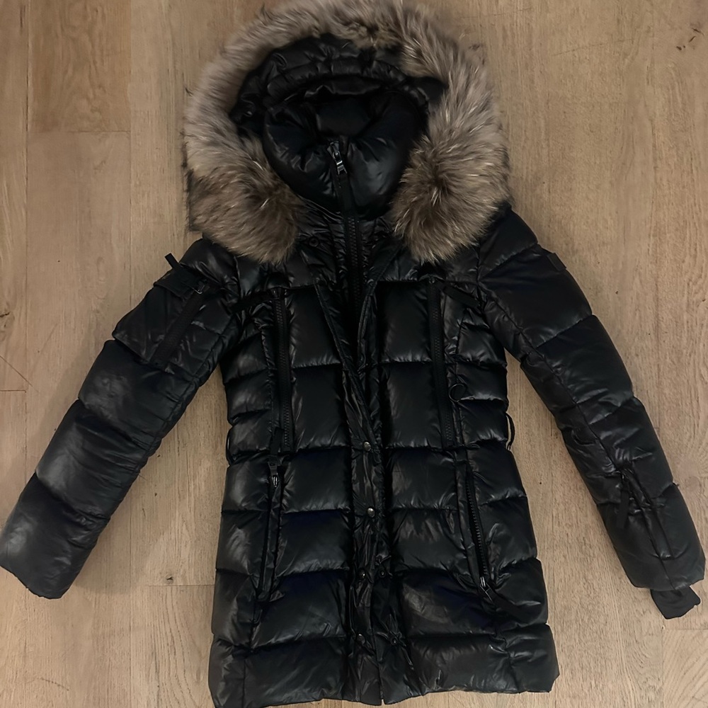SAM. Black Puffer Jacket with raccoon fur hood